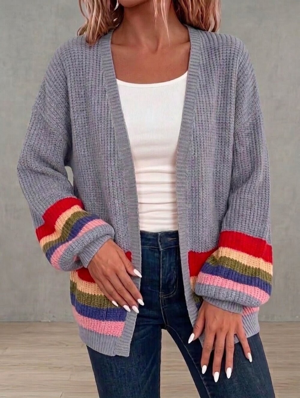 Chunky Knit Oversized Open Cardigan Balloon Sleeve Rainbow Stripe Sweater, L NWT - Picture 7 of 17